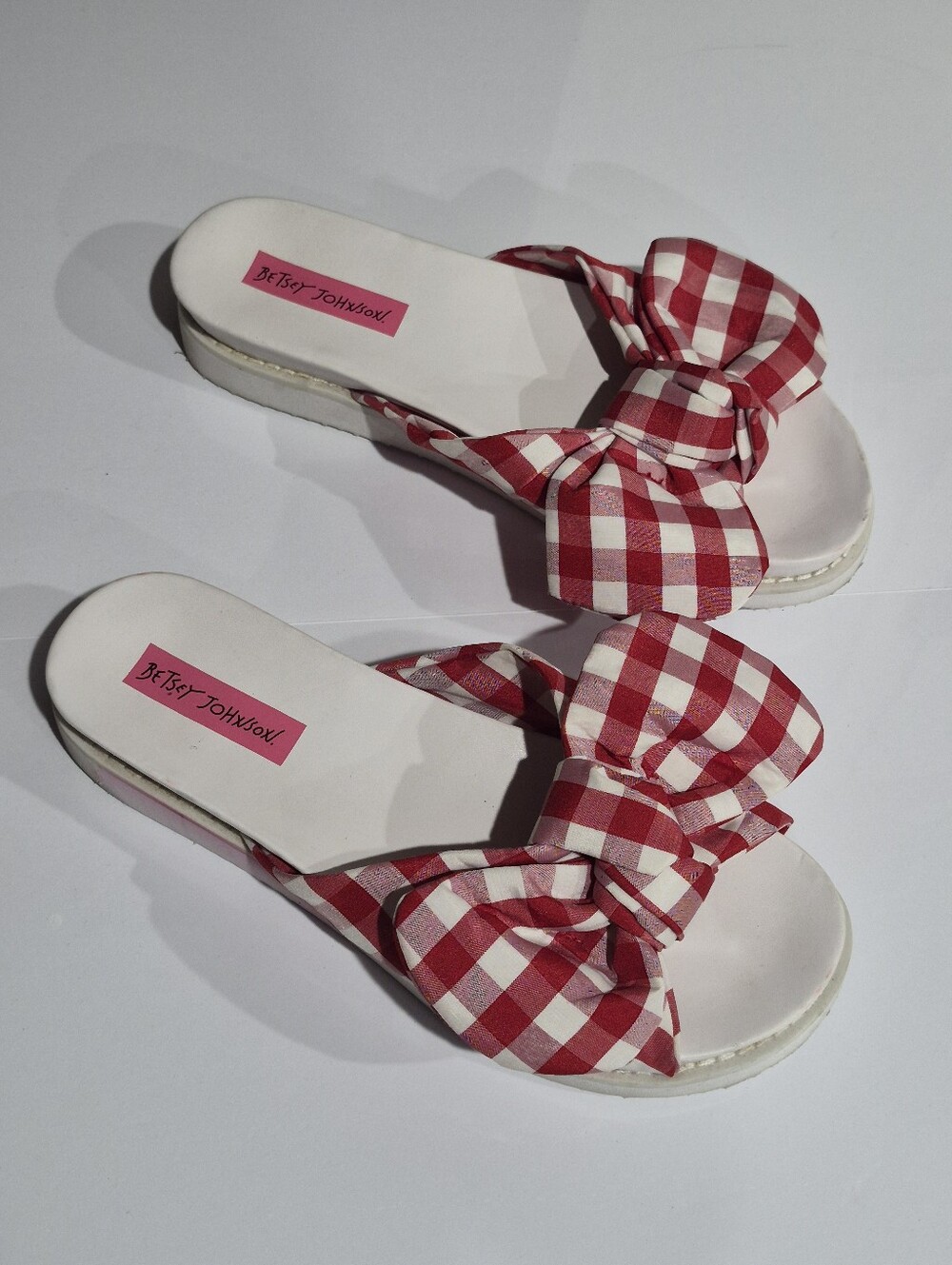 Betsey Johnson Red Gingham Bow Slide Sandals Size 8.5